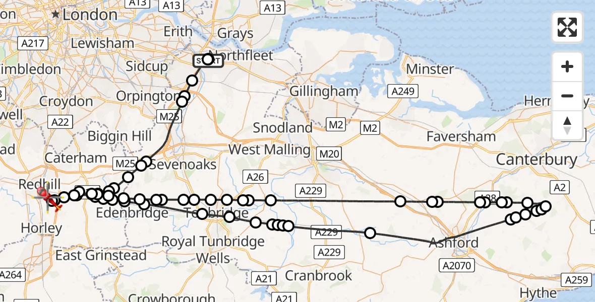 Flight route Air Ambulance Helicopter Darent Valley Hospital - Redhill Aerodrome, 08 July 2026, 04:34
