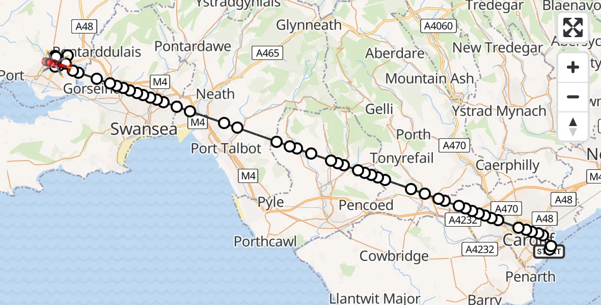 Flight route Air Ambulance Helicopter Cardiff Heliport - Dafen, 08 July 2026, 06:28