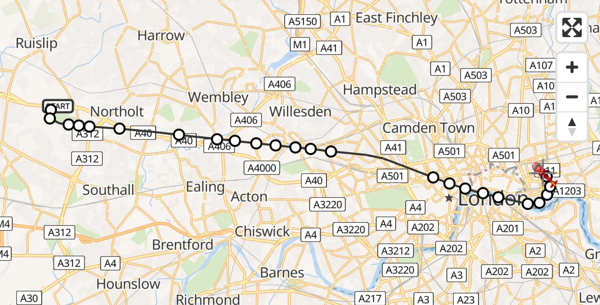 Flight route Air Ambulance Helicopter RAF Northolt - Royal London Hospital, 08 July 2026, 06:41