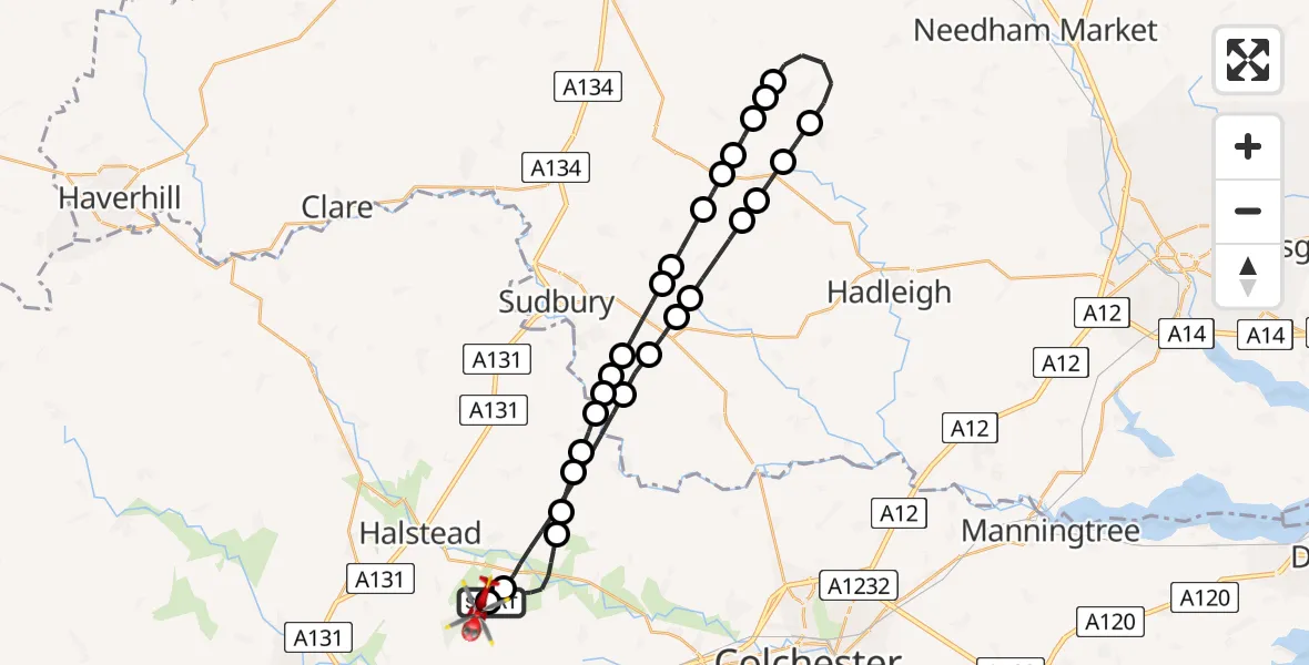 Flight route Air Ambulance Helicopter Earls Colne Airfield - Earls Colne Airfield, 08 July 2026, 07:14