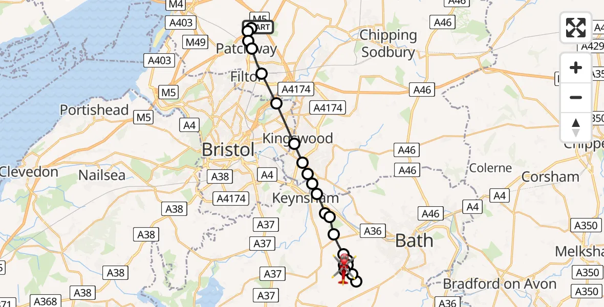 Flight route Air Ambulance Helicopter Almondsbury Helicopter Base - Stanton Prior, 08 July 2026, 07:43