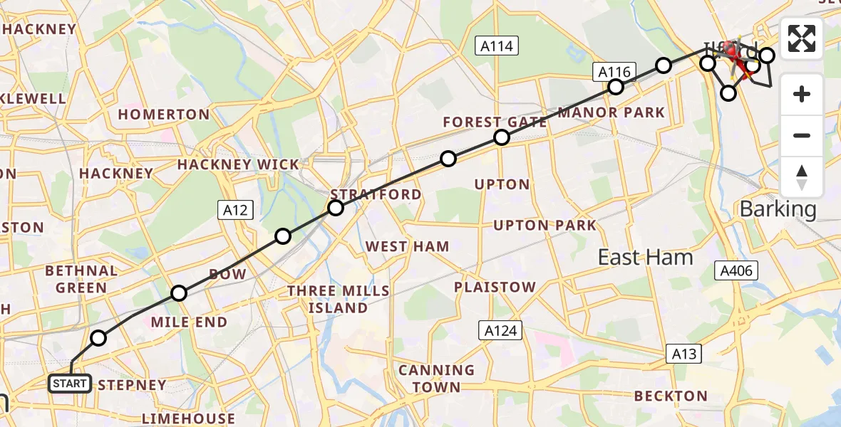 Flight route Air Ambulance Helicopter Royal London Hospital - Seven Kings, 08 July 2026, 07:51