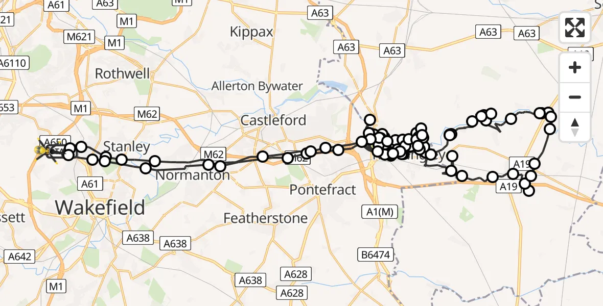 Flight route Police Helicopter Wrenthorpe - Brandy Carr, 08 July 2026, 08:03