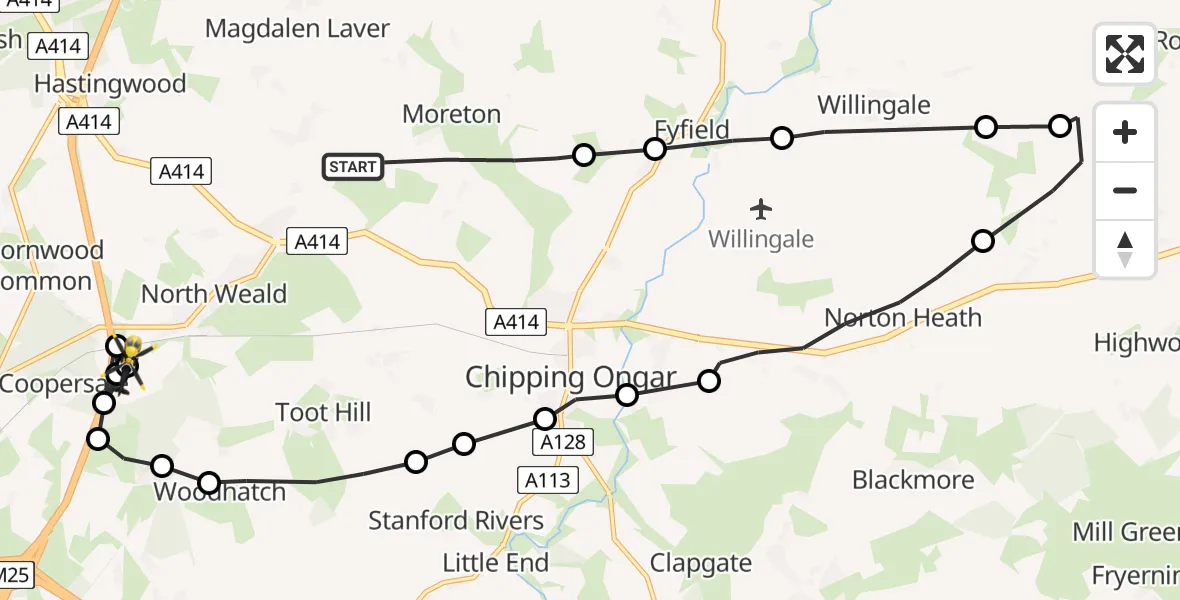 Flight route Police Helicopter Moreton - Coopersale, 08 July 2026, 08:08