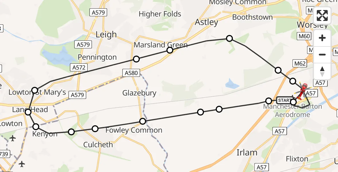 Flight route Air Ambulance Helicopter Manchester Barton Aerodrome - Irlam, 08 July 2026, 08:08