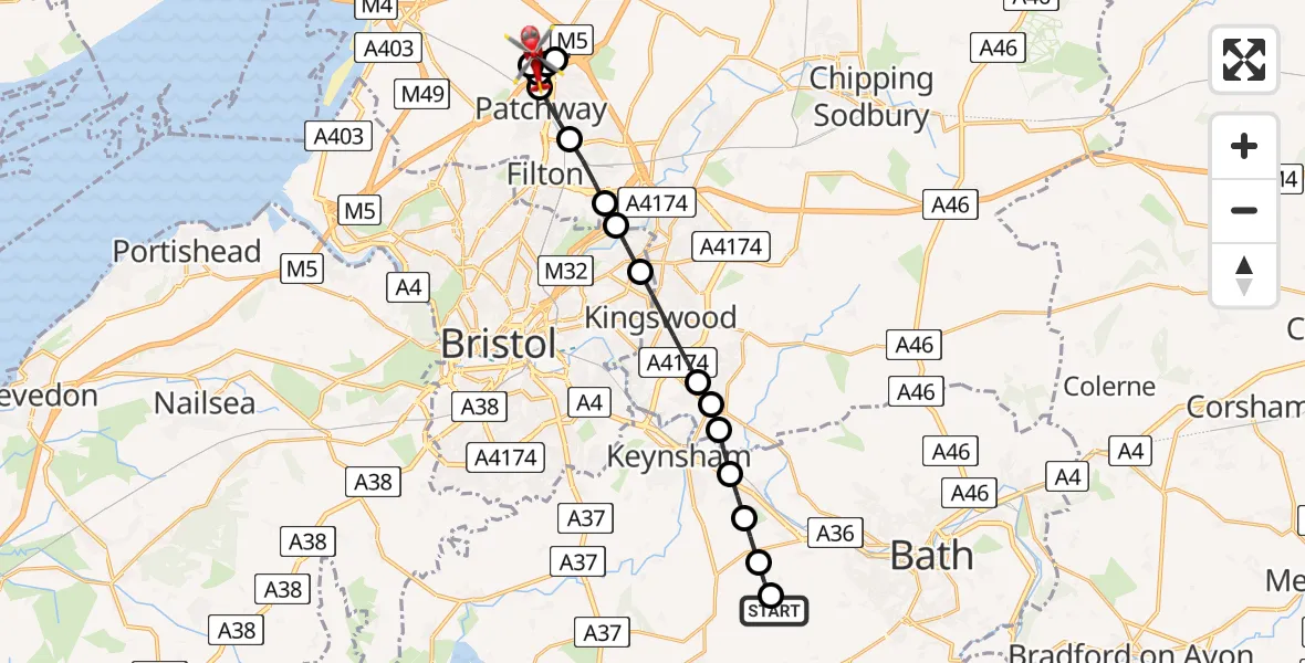 Flight route Air Ambulance Helicopter Marksbury - Almondsbury, 08 July 2026, 08:15