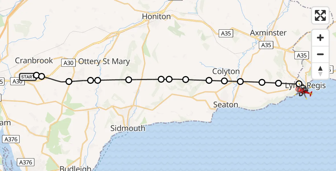 Flight route Air Ambulance Helicopter Exeter International Airport - Lyme Regis, 08 July 2026, 08:49