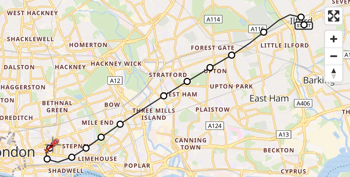 Flight route Air Ambulance Helicopter Ilford - Royal London Hospital, 08 July 2026, 08:52