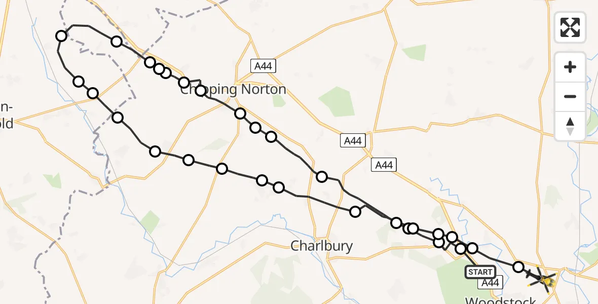 Flight route Police Helicopter Woodstock - Woodstock, 08 July 2026, 08:55