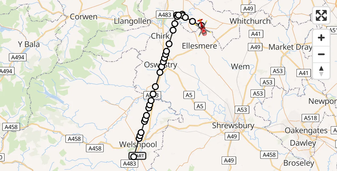 Flight route Air Ambulance Helicopter Welshpool Airport - Penley, 08 July 2026, 09:12