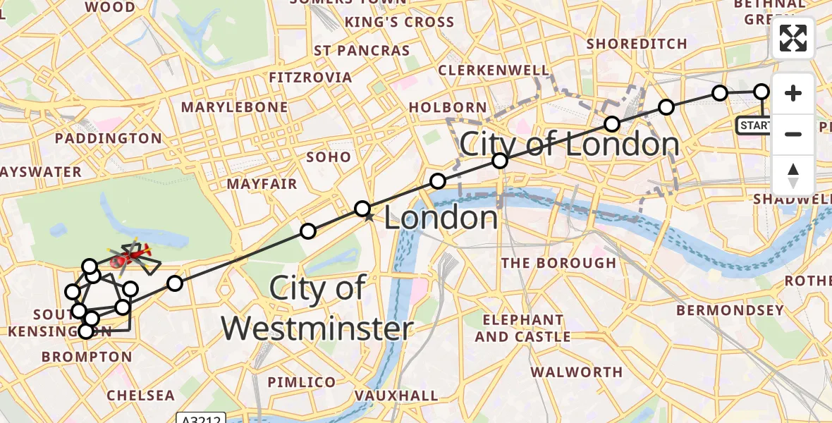 Flight route Air Ambulance Helicopter Royal London Hospital - City of Westminster, 08 July 2026, 09:44
