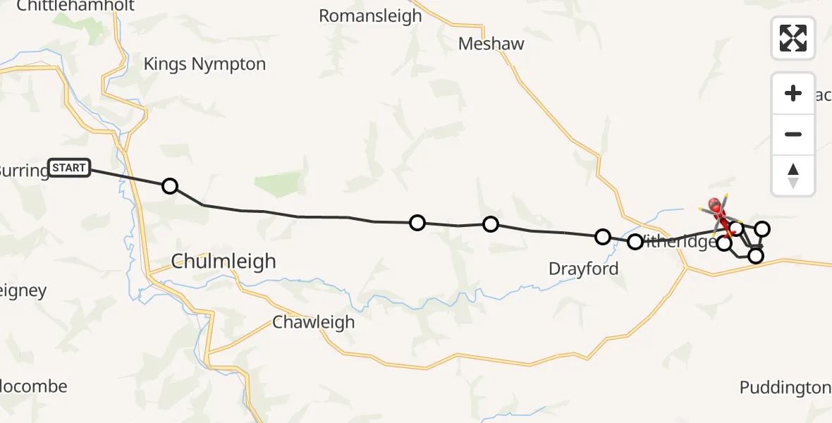 Flight route Air Ambulance Helicopter Burrington - Witheridge, 08 July 2026, 09:51