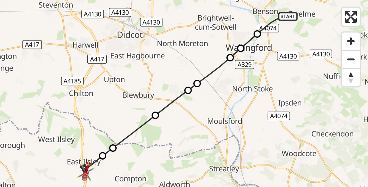 Flight route Air Ambulance Helicopter RAF Benson - East Ilsley, 08 July 2026, 09:53
