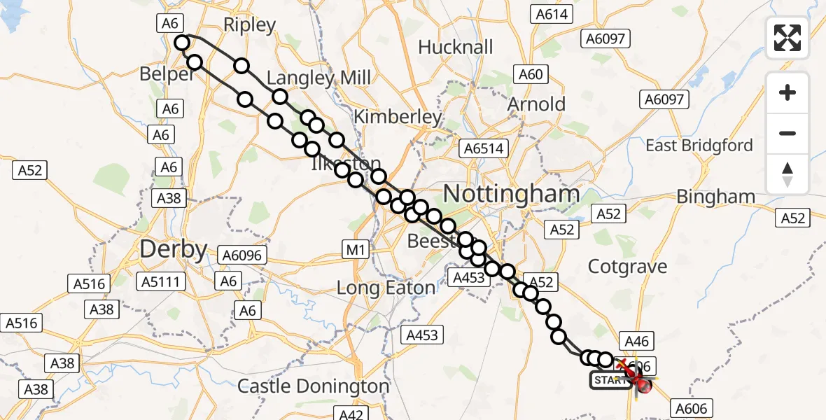 Flight route Air Ambulance Helicopter Widmerpool - Hickling, 08 July 2026, 10:05