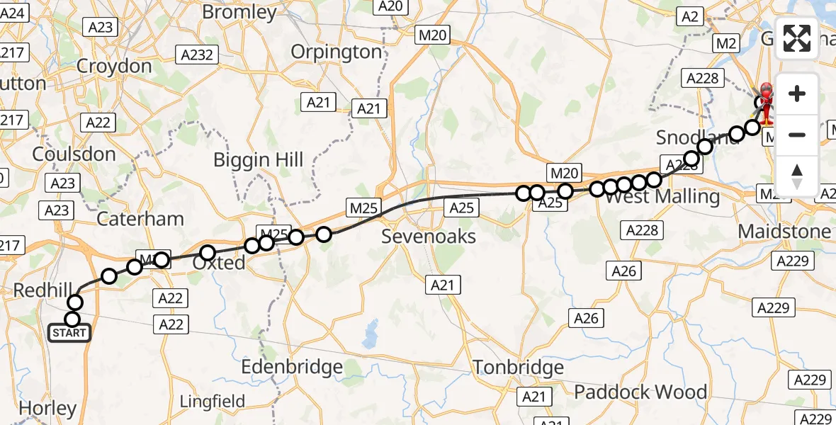 Flight route Air Ambulance Helicopter Redhill Aerodrome - Rochester Airport, 08 July 2026, 10:05