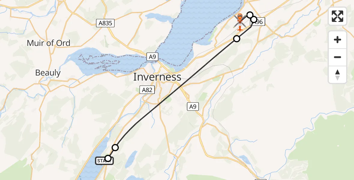 Flight route Coastguard Helicopter Loch Ness - Inverness Airport, 08 July 2026, 10:07