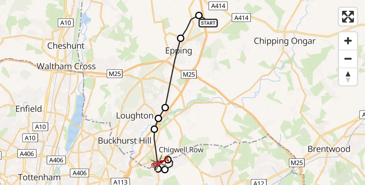 Flight route Air Ambulance Helicopter North Weald Airfield - Chigwell, 08 July 2026, 10:20