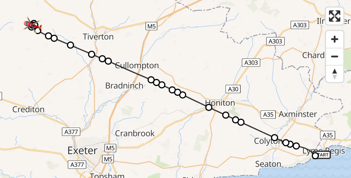 Flight route Air Ambulance Helicopter Lyme Regis - North Devon, 08 July 2026, 10:27