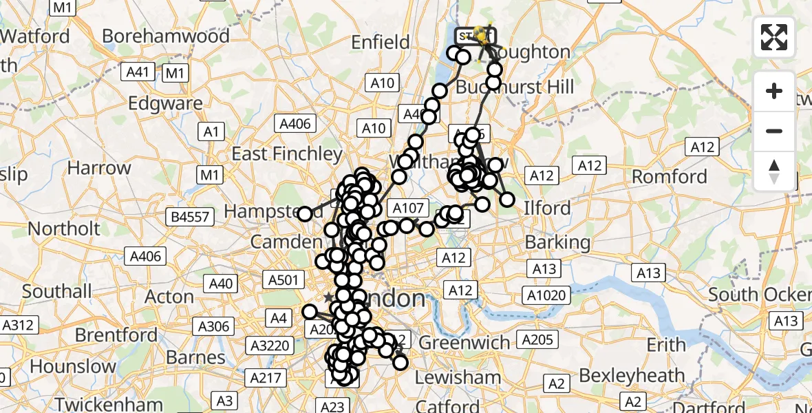 Flight route Police Helicopter Sewardstonebury - Sewardstonebury, 08 July 2026, 10:34