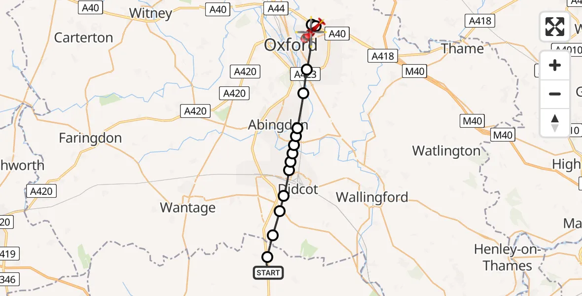 Flight route Air Ambulance Helicopter East Ilsley - Oxford, 08 July 2026, 10:46