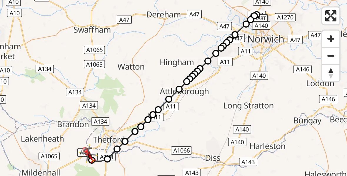 Flight route Air Ambulance Helicopter Norwich Airport - West Suffolk, 08 July 2026, 10:54