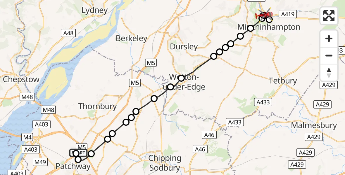 Flight route Air Ambulance Helicopter Almondsbury Helicopter Base - Stroud, 08 July 2026, 10:57