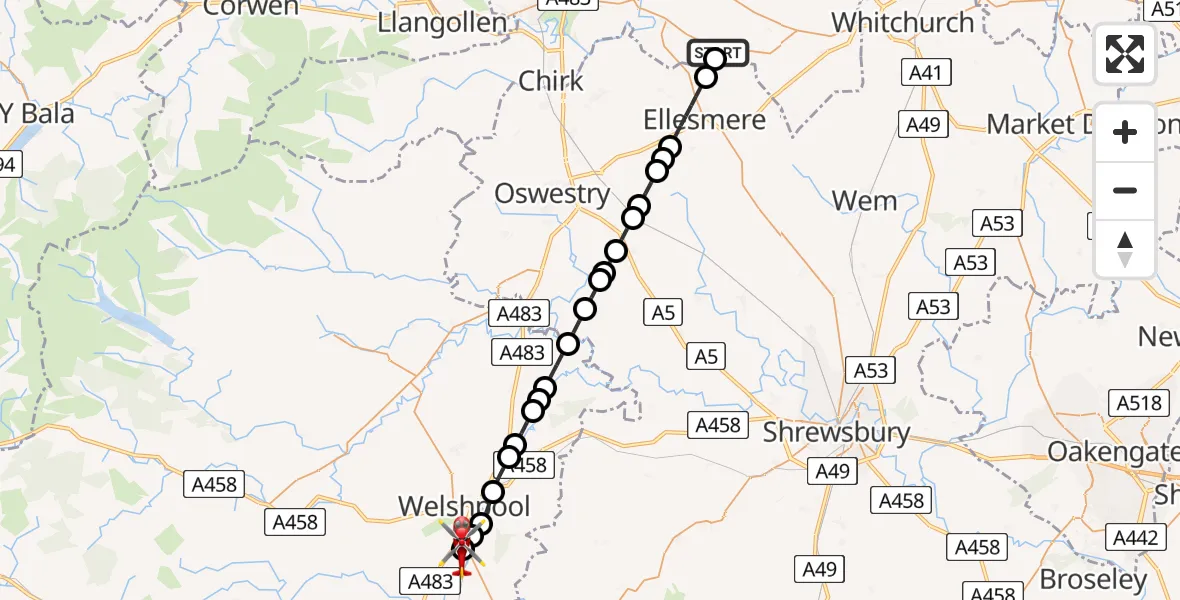 Flight route Air Ambulance Helicopter Penley - Welshpool Airport, 08 July 2026, 11:01