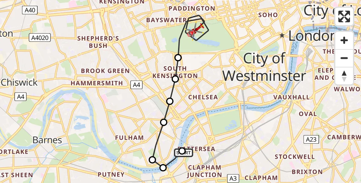 Flight route Air Ambulance Helicopter London Heliport - City of Westminster, 08 July 2026, 11:01