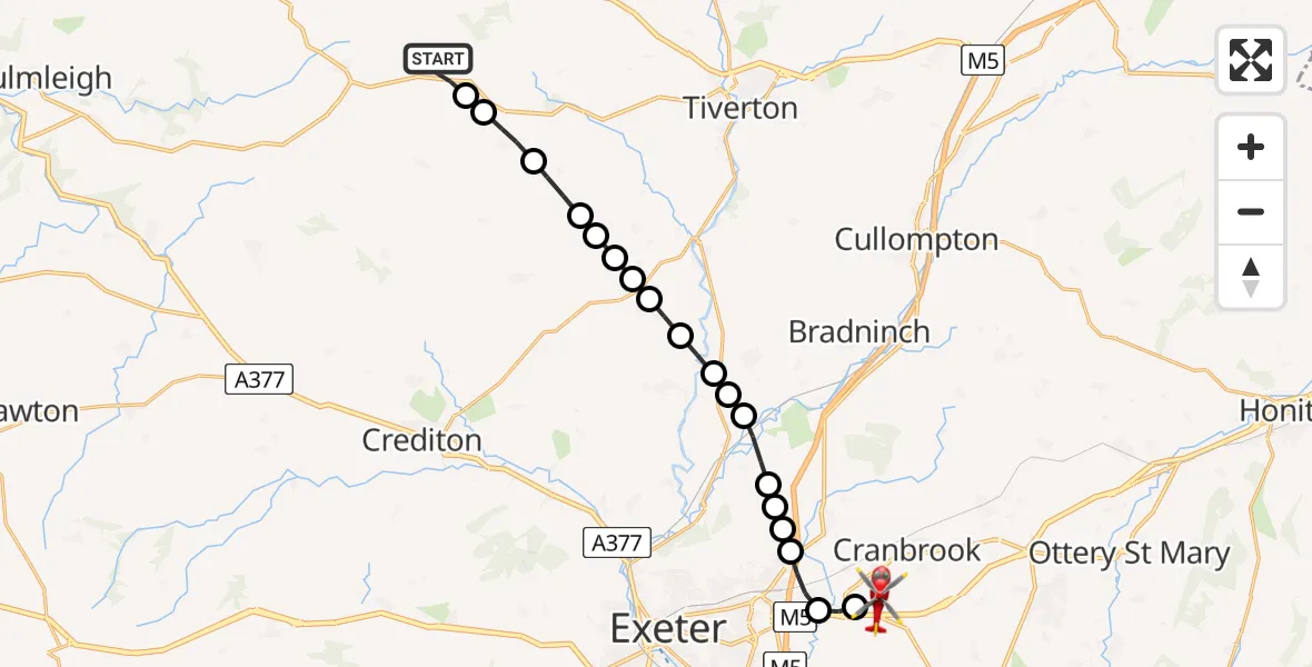 Flight route Air Ambulance Helicopter Mid Devon - Exeter International Airport, 08 July 2026, 11:23