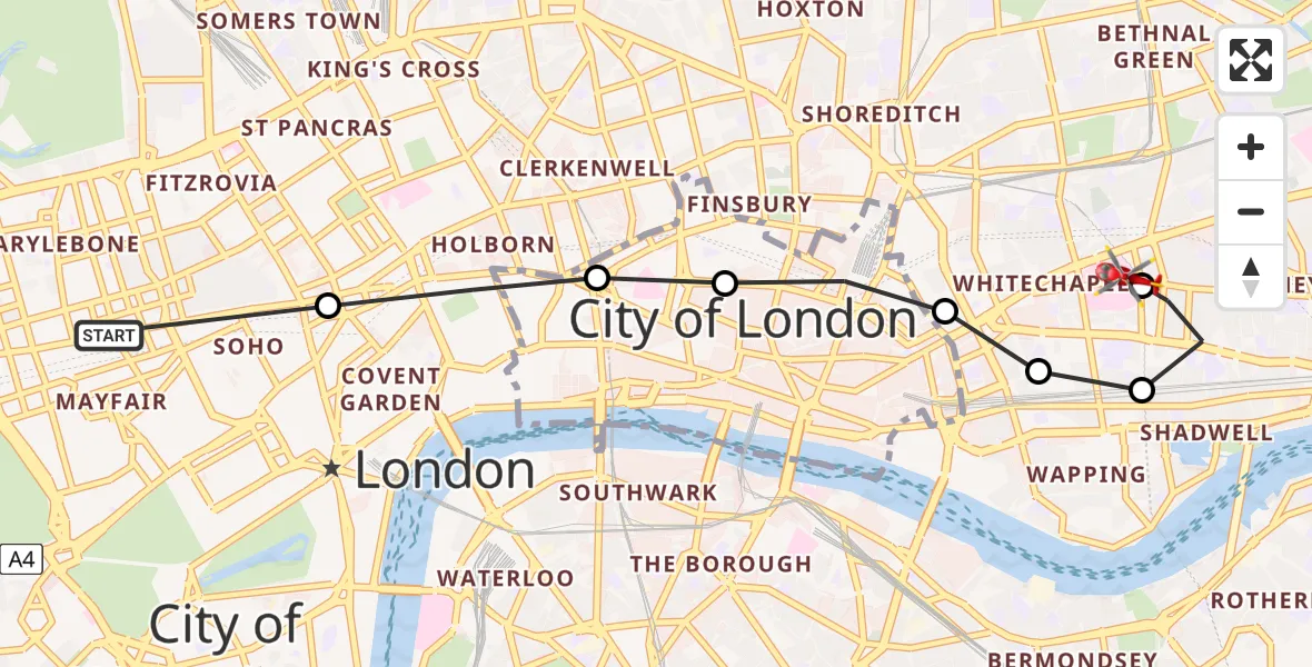 Flight route Air Ambulance Helicopter City of Westminster - Royal London Hospital, 08 July 2026, 11:27