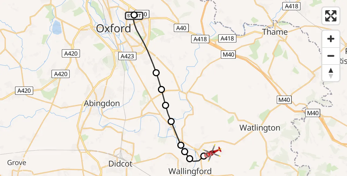Flight route Air Ambulance Helicopter John Radcliffe Hospital - RAF Benson, 08 July 2026, 11:29