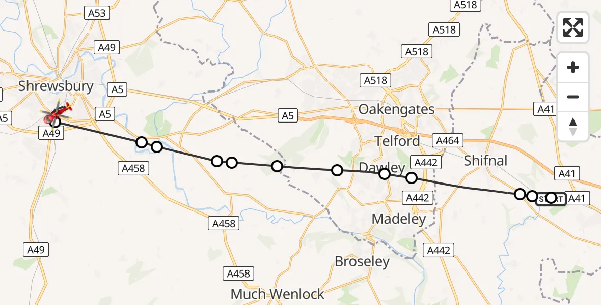 Flight route Air Ambulance Helicopter RAF Cosford - Shrewsbury, 08 July 2026, 11:35
