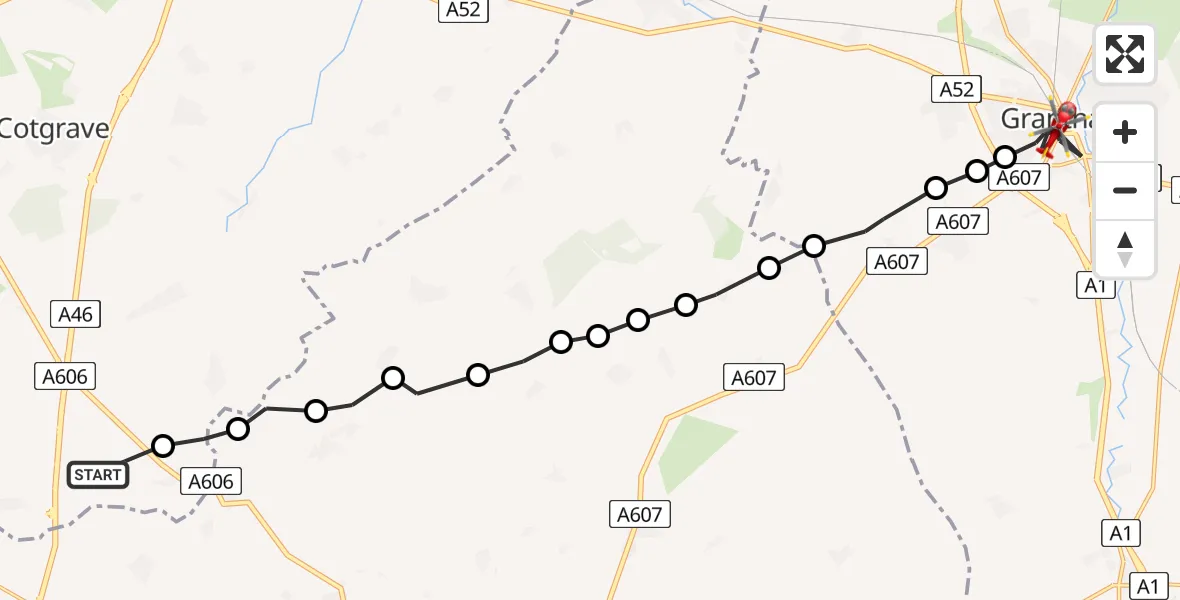 Flight route Air Ambulance Helicopter Rushcliffe - Grantham, 08 July 2026, 11:47