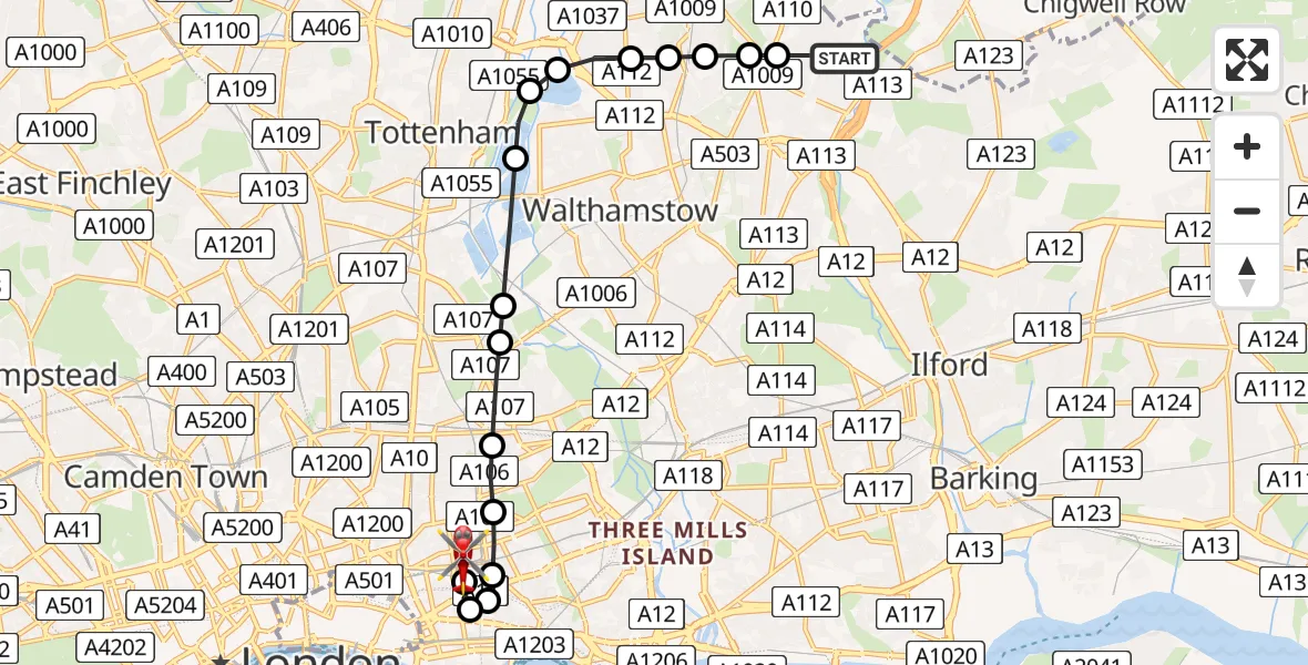 Flight route Air Ambulance Helicopter Woodford - Whitechapel, 08 July 2026, 12:04
