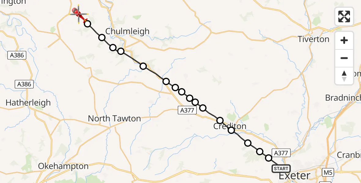 Flight route Air Ambulance Helicopter Exeter - Burrington, 08 July 2026, 12:04