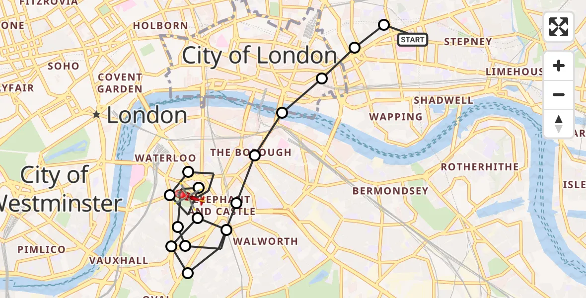 Flight route Air Ambulance Helicopter Royal London Hospital - Elephant and Castle, 08 July 2026, 12:06