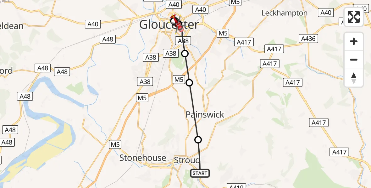 Flight route Air Ambulance Helicopter Stroud - Gloucester Royal Hospital, 08 July 2026, 12:13