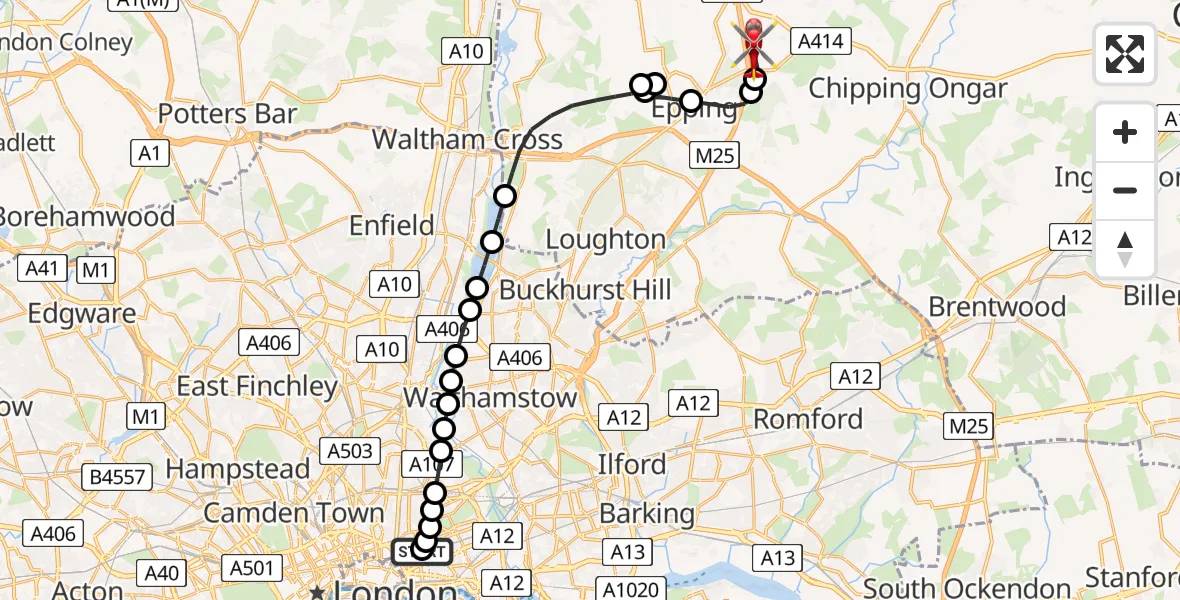 Flight route Air Ambulance Helicopter Whitechapel - North Weald Airfield, 08 July 2026, 12:14