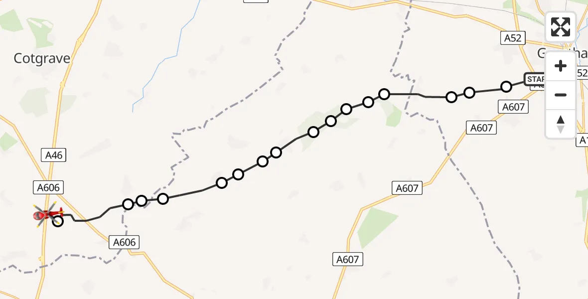 Flight route Air Ambulance Helicopter Grantham - Nottingham Heliport, 08 July 2026, 12:19