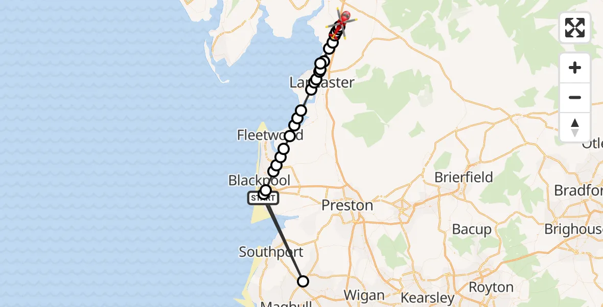 Flight route Air Ambulance Helicopter Blackpool Airport - Yealand Conyers, 08 July 2026, 12:22