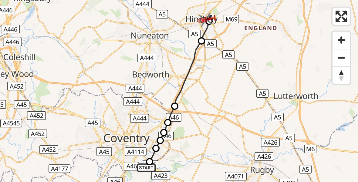 Flight route Air Ambulance Helicopter Coventry Airport - Hinckley, 08 July 2026, 12:24