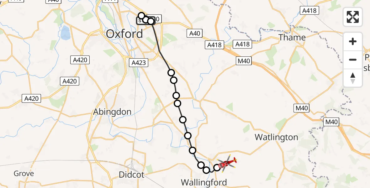 Flight route Air Ambulance Helicopter John Radcliffe Hospital - RAF Benson, 08 July 2026, 12:33
