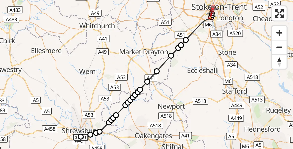 Flight route Air Ambulance Helicopter Shrewsbury - Newcastle-under-Lyme, 08 July 2026, 12:41