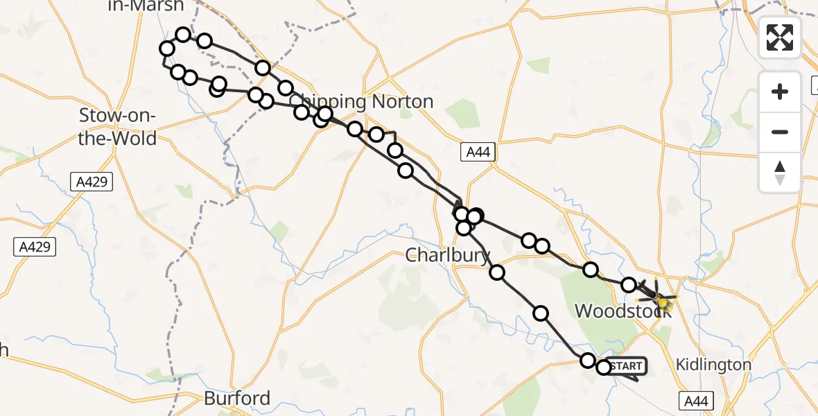 Flight route Police Helicopter Bladon - Woodstock, 08 July 2026, 12:43