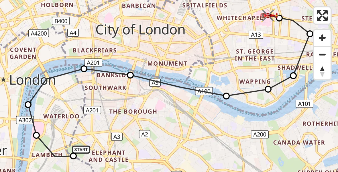 Flight route Air Ambulance Helicopter Elephant and Castle - Royal London Hospital, 08 July 2026, 12:57