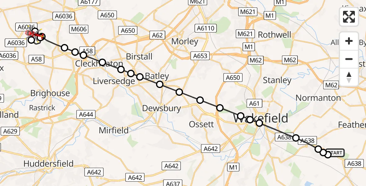 Flight route Air Ambulance Helicopter YAA Nostell Helicopter Port - Shelf, 08 July 2026, 13:14