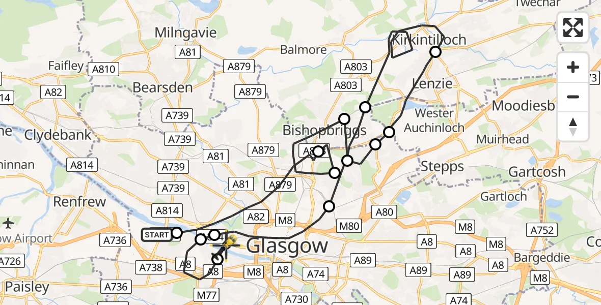 Flight route Police Helicopter Clyde Heliport - Glasgow Seaplane Terminal, 08 July 2026, 13:14