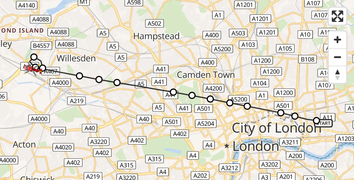 Flight route Air Ambulance Helicopter Royal London Hospital - Twyford, 08 July 2026, 13:28