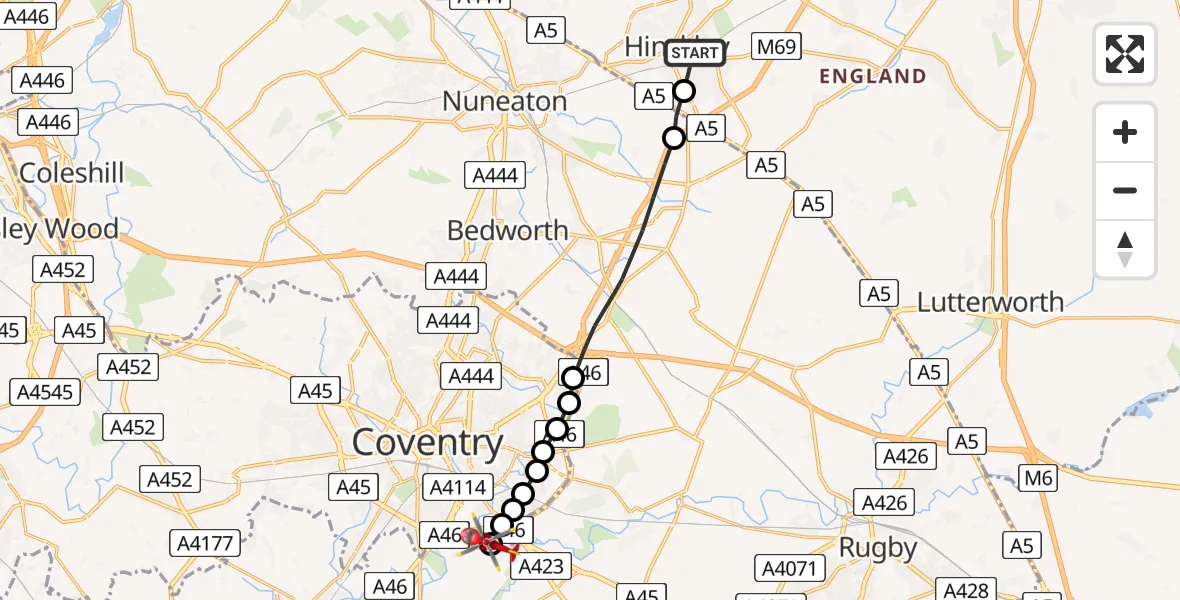 Flight route Air Ambulance Helicopter Hinckley - Coventry Airport, 08 July 2026, 13:34