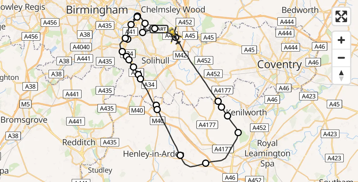 Flight route Police Helicopter Sheldon - Birmingham Airport, 08 July 2026, 13:38